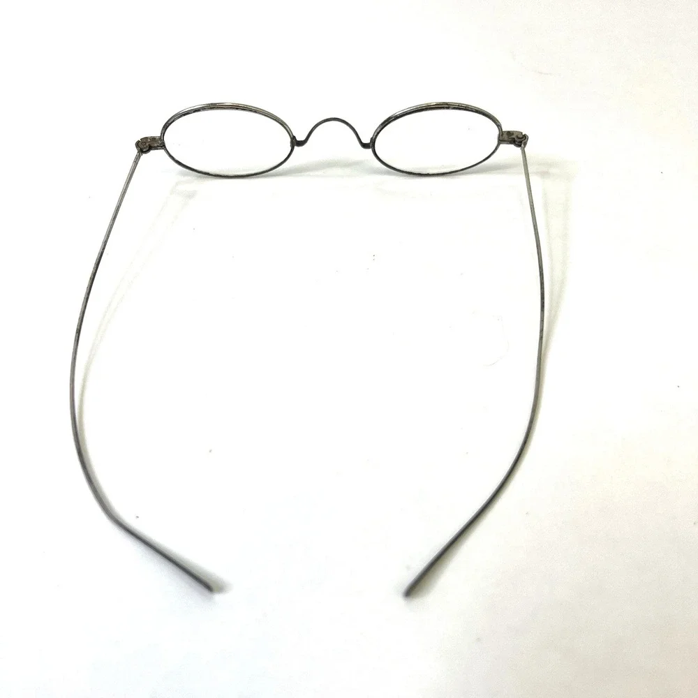 Antique Silver-Tone Oval Eyeglasses w Original Leather Sleeve Granny Glasses VTG